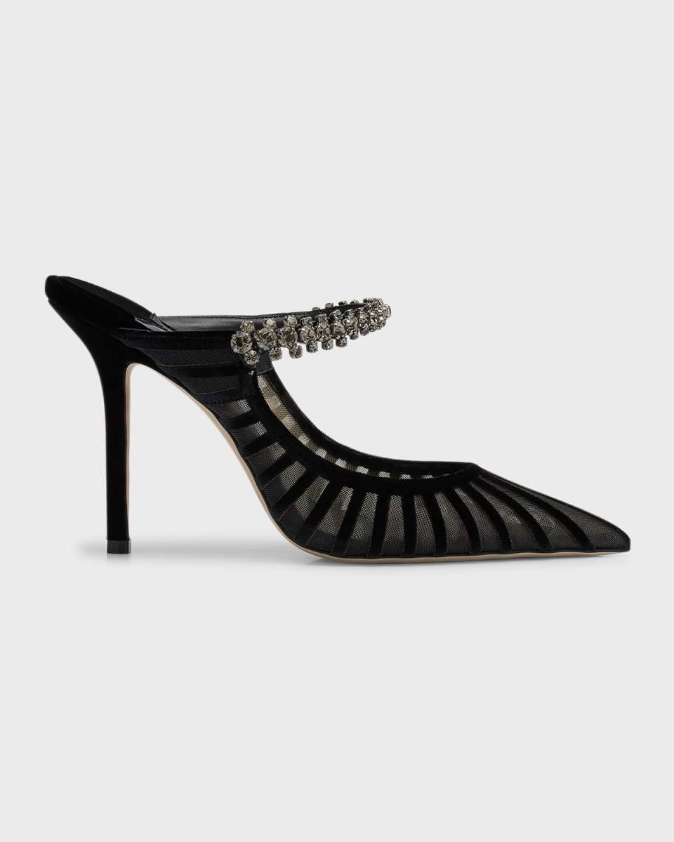 Bing Mesh Crystal-Strap Mule Pumps